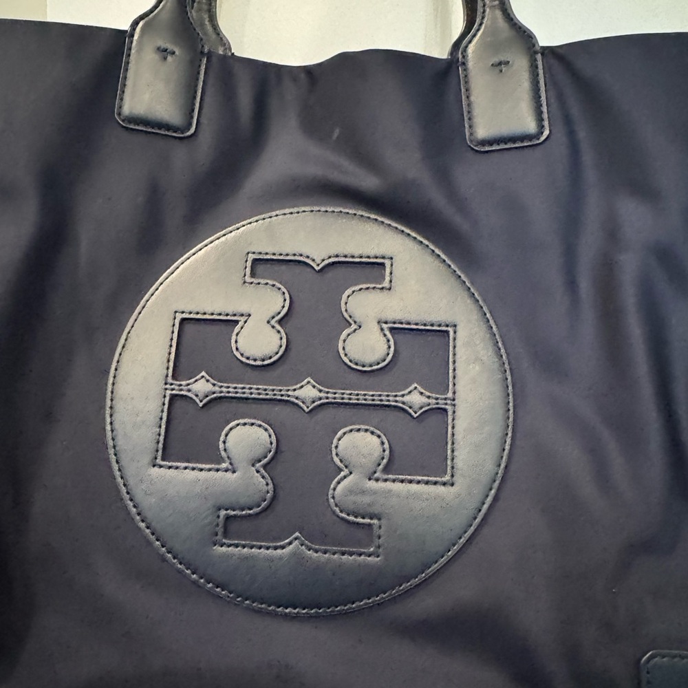 Tory Burch Ella navy blue nylon leather tote